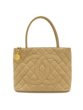 Chanel Quilted CC Logo Medallion Tote Shoulder Bag Caviar Leather Beige Gold